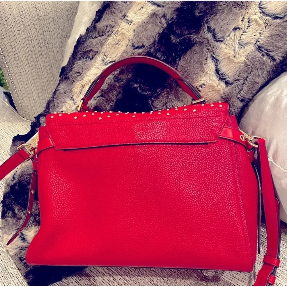 Michael Kors Bristol Bright Red Leather Satchel Studded Crossbody‎ Bag